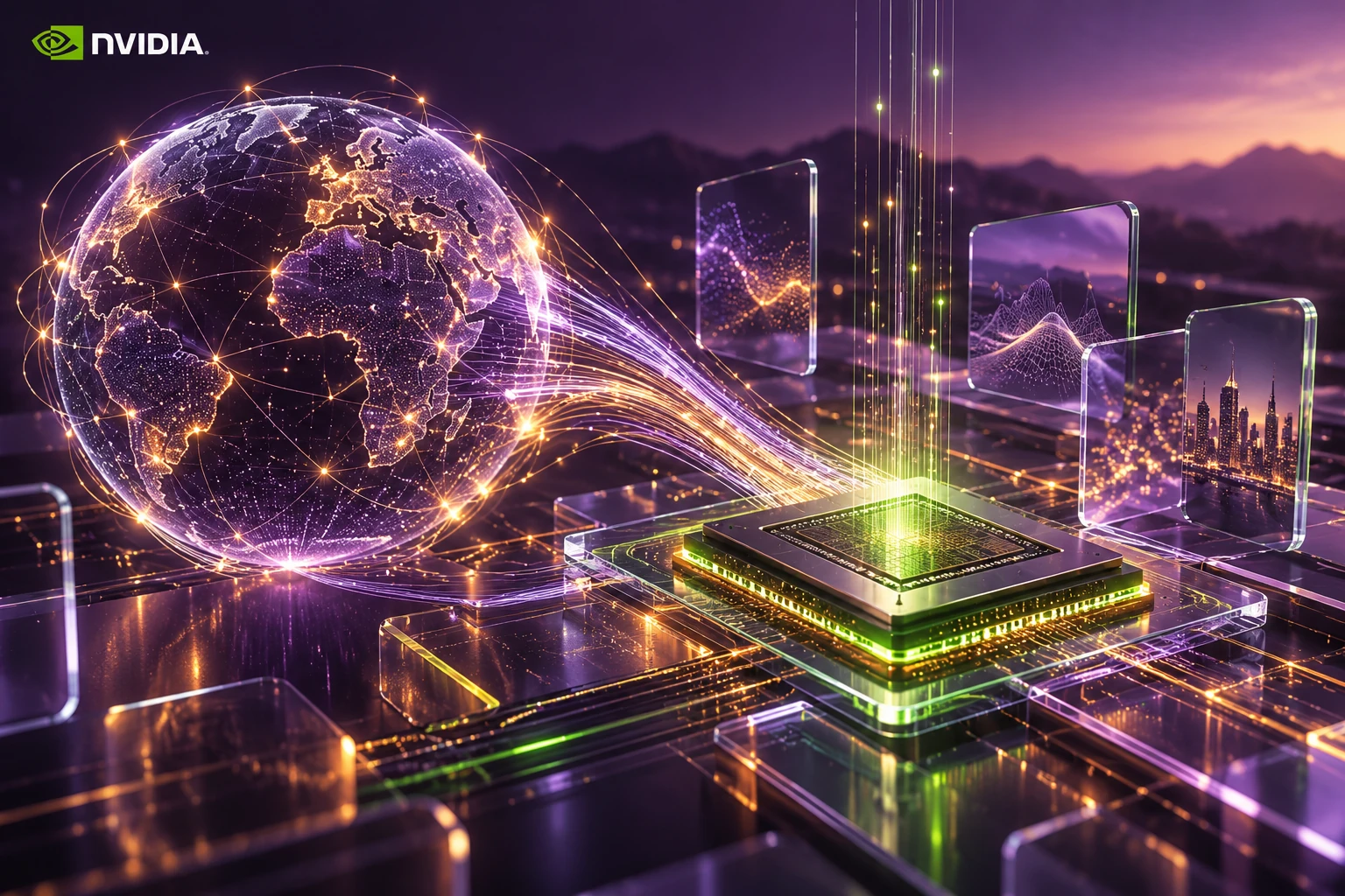 Univers de l’intelligence artificielle : globe connecté et processeur lumineux