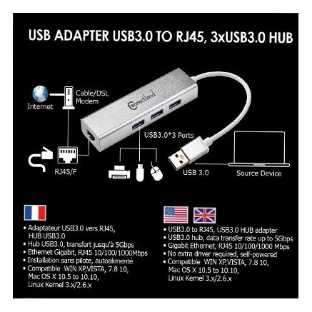 Adaptateur USB3 vers RJ45 GbE +HUB 3p USB3.0 ALU | ECP Grossiste informatique